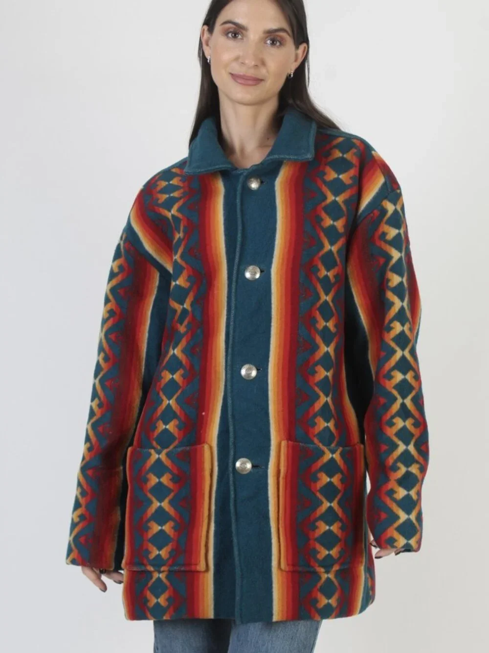 Pendleton Mens Women Aztec Wool Native American Barn Coat Concho Jacket 44 Large